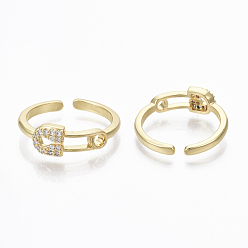 Настоящее золото 18K Латунные кольца из манжеты с прозрачным цирконием, открытые кольца, Форма предохранительного штифта, без никеля , реальный 18 k позолоченный, Размер 5, внутренний диаметр: 16 мм