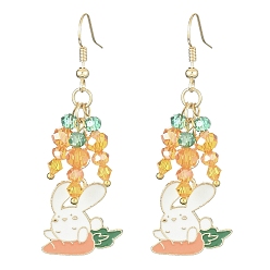 Colorful Alloy Enamel Rabbit & Carrot Dangle Earrings, Glass Cluster Earrings with Brass Pins, Colorful, 57x20mm