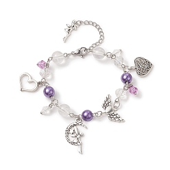 Violet Bleu Bracelets à breloques cœur et fée en alliage, Bracelet en perles de plastique acrylique et abs pour femme, bleu violet, 7 pouce (17.7 cm)