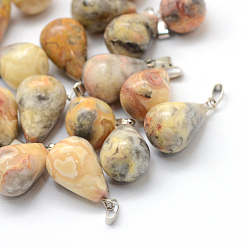 Crazy Agate Teardrop Natural Crazy Agate Pendants, with Platinum Tone Brass Findings, 21~24x12~14mm, Hole: 2x7mm
