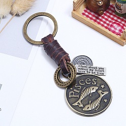 Leo Punk Style Woven Flat Round with 12 Constellation Leather Keychain, for Car Key Pendant, Leo, 11cm