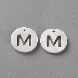 Letter M Natural Freshwater Shell Pendants, Flat Round with Letter, Letter.M, 12x1.5mm, Hole: 1mm
