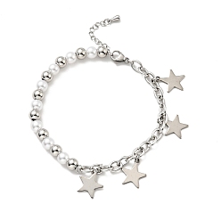 Couleur Acier Inoxydable 201 bracelet à breloques étoile en acier inoxydable, bracelet en perles de plastique avec 304 chaînes de câbles en acier inoxydable pour femmes, couleur inox, 7-1/2 pouce (19 cm)