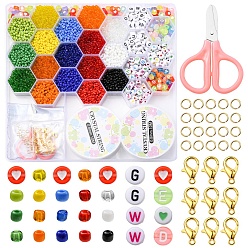 Mixed Color DIY Bracelet Necklace Making Kit, Including Glass Seed & Acrylic Letter Beads, Alloy Clasps, 304 Stainless Steel Jump Rings, Elastic Thread, Scissors, Mixed Color, 4846Pcs/box