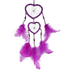 Medium Violet Red Feather Pendant Decoration with Natural Shell Beaded, Woven Net/Web with Feather, Art Hanging Decors for Garden Window Party, Medium Violet Red, 350~400mm