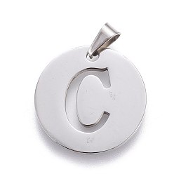 Letter C 201 Stainless Steel Pendants, Flat Round with Letter, Stainless Steel Color, Letter.C, 24.5x19.7x1.3mm, Hole: 4x3mm