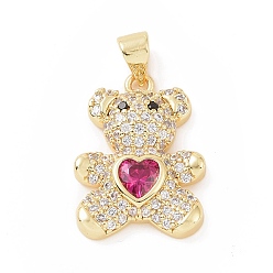 Hot Pink Brass Micro Pave Cubic Zirconia Pendants, with Glass, Bear with Heart Charm, Golden, Hot Pink, 20.5x15x5mm, Hole: 5.5x3.5mm