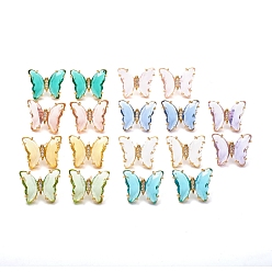 Mixed Color Glass Stud Earrings, with Golden Plated Brass Findings and Clear Cubic Zirconia, Butterfly, Mixed Color, 15x19x4~4.5mm, Pin: 0.7mm