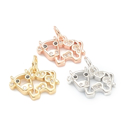 Mixed Color Brass Clear Cubic Zirconia Charms, Long-Lasting Plated, with Jump Ring, Cow, Mixed Color, 10x13.5x2.5mm, Hole: 3.5mm