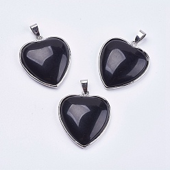Black Agate Natural Black Agate Pendants, with Brass Findings, Heart, Platinum, Cadmium Free & Lead Free, 36x31x7mm, Hole: 4x8mm