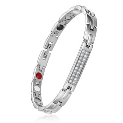 Couleur Acier Inoxydable Bracelets de bande de montre de chaîne de panthère d'acier inoxydable de Shegrace, avec strass en cristal et fermoirs pour bracelet de montre, couleur inox, 8-1/4 pouce (21 cm)