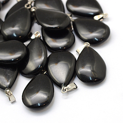 Черный Камень Подвески из натурального черного камня в форме капли, с латунной фурнитурой платинового цвета, 25~29x16~17x5~6 мм, отверстие : 2x7 мм