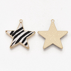 Black Eco-Friendly Cowhide Leather  Pendants, with Golden Plated Alloy Cabochon Settings, Star with Zebra-stripe Pattern Pattern, Black, 36.5x35x2~3mm, Hole: 1.8mm