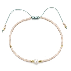 PapayaWhip Glass Imitation Pearl & Seed Braided Bead Bracelets, Adjustable Bracelet, PapayaWhip, 11 inch(28cm)