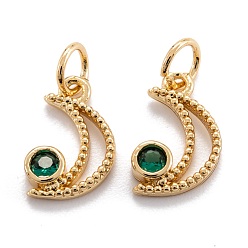 Green Real 18K Gold Plated Brass Micro Pave Cubic Zirconia Charms, with Jump Ring, Long-Lasting Plated, Moon, Green, 12x7.5x2.5mm, Jump Ring: 5x0.7mm, 3.6mm inner diameter