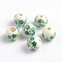 Sea Green Handmade Printed Porcelain Beads, Round, Sea Green, 6mm, Hole: 2mm