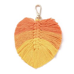 Orange Handmade Braided Macrame Cotton Thread Leaf Pendant Decorations, with Brass Clasp, Orange, 13.5cm