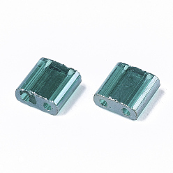 Bleu Vert 2 trous perles de rocaille de verre, lustre de couleurs transparentes, rectangle, sarcelle, 5x4.5~5.5x2~2.5mm, Trou: 0.5~0.8mm