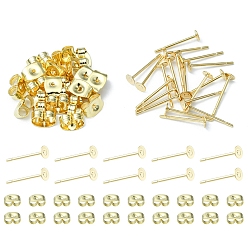 Golden 20Pcs 304 Stainless Steel Stud Earring Findings, Flat Round Pad Base Earring Settings, with 20Pcs Friction Ear Nuts, Golden, 3x0.3mm, Pin: 0.7mm