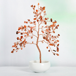 Carnelian Undyed Natural Carnelian Chips Tree of Life Display Decorations, with Porcelain Bowls, Copper Wire Wrapped Feng Shui Ornament for Fortune, 145x205mm