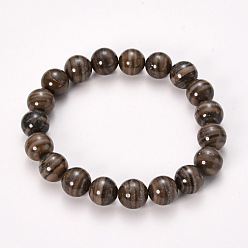 Wood Lace Stone Natural Black Wood Lace Stone Beaded Stretch Bracelets, Round, 2-1/8 inch(55mm), Bead: 10mm