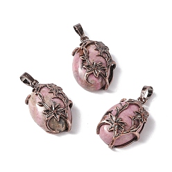Rhodonite Natural Rhodonite Pendants, with Red Copper Tone Brass Findings, Cadmium Free & Lead Free, Oval with Flower Charm, 33x20x9mm, Hole: 5x8mm