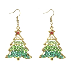 Green Glass Beaded Christmas Tree Dangle Earrings, Golden Alloy Jewelry, Green, 64x34mm