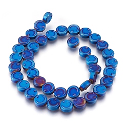 Blue Plated Electroplate Non-magnetic Synthetic Hematite Bead Strands, Frosted, Flat Round with Moon & Star, Blue Plated, 9.5~10x4mm, Hole: 1mm, about 40~41pcs/strand, 15.3 inch~15.7 inch(39~40cm)