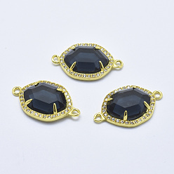 Black Brass Micro Pave Cubic Zirconia Links, with Glass, Faceted, Oval, Golden, Black, 26x16x5mm, Hole: 1.6mm