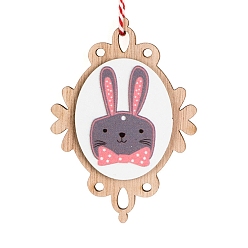 Rosy Brown Easter Theme Wood Oval with Rabbit Pendant Decoration, for Home Party Hanging Decoration, Rosy Brown, 88x64x8mm