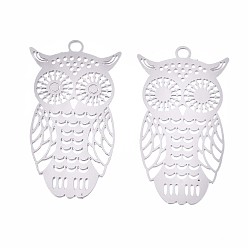 Stainless Steel Color 201 Stainless Steel Filigree Pendants, Etched Metal Embellishments, Owl, Stainless Steel Color, 36x20x0.3mm, Hole: 2mm