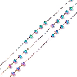 Rainbow Color Placage ionique (ip) 304 chaînes satellites en acier inoxydable, chaînes forçat avec perles rondes, soudé, avec bobine, couleur arc en ciel, lien: 1.5x1x0.2 mm, perles: 3 mm, environ 32.8 pieds (10 m)/roll.m