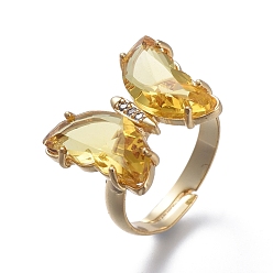 Verge D'or Pâle Anneaux réglables en verre en laiton, avec de la zircone cubique clair, papillon, or, verge d'or pale, taille 7, diamètre intérieur: 17 mm