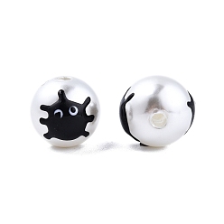 Black Halloween Opaque ABS Plastic Imitation Pearl Enamel Beads, Round with Ghost, Black, 11.5~12mm, Hole: 2mm
