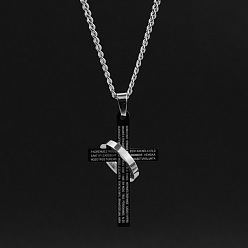 Gunmetal Titanium Steel Cross & Ring Pendant Necklaces, Word Lord's Prayer Necklace, Gunmetal & Stainless Steel Color, 23.62 inch(60cm)