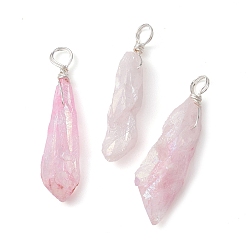 Pink Electroplated Natural Quartz Crystal Dyed Pendants, Teardrop Charms with Silver Color Plated Copper Wire Loops, Pink, 30~38x9.5~15x7~11mm, Hole: 4mm