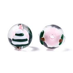 Pearl Pink Transparent Acrylic Enamel Beads, Bead in Bead, Round with Christmas Tree, Pearl Pink, 14~15x13mm, Hole: 2mm