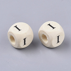 Letter I Printed Natural Wood Beads, Horizontal Hole, Cube with Initial Letter, PapayaWhip, Letter.I, 10x10x10mm, Hole: 3.5mm, about 1000pcs/500g