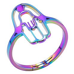 Rainbow Color Stainless Steel Hollow Out Hamsa Hand Adjustable Ring for Women, Rainbow Color, Inner Diameter: 17mm