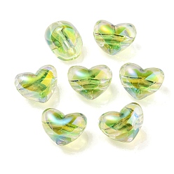 Césped Verde Perlas europeas de acrílico transparente chapado en uv de dos tonos, abalorios de grande agujero, corazón, verde césped, 14.5x18.5x14 mm, agujero: 4 mm