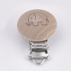 BurlyWood Beech Wood Baby Pacifier Holder Clips, with Iron Clips, Flat Round with Elephant, Platinum, BurlyWood, 45x30x18mm, Hole: 3.5x6mm