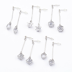 Stainless Steel Color Alloy Cubic Zirconia Dangle Stud Earrings, with Brass Beads, Stainless Steel Pin and Plastic Ear Nuts, Stainless Steel Color, 44~48mm, Pin: 0.6mm