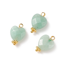 Green Aventurine Natural Green Aventurine Charms, with Golden Tone Brass Findings, Faceted Heart, 15x10x5mm, Hole: 1.6mm