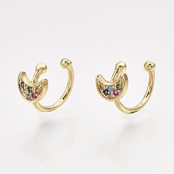 Colorful Brass Cubic Zirconia Cuff Earrings, Moon, Golden, Colorful, 10x1mm