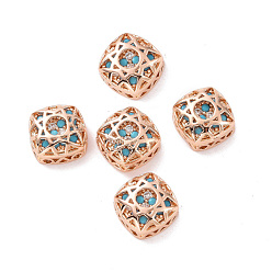 Turquoise Eco-friendly Brass Cubic Zirconia Multi-Strand Links, Cadmium Free & Lead Free, Square, Rose Gold, Turquoise, 10x10x5.7mm, Hole: 1.2mm