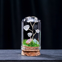 Quartz Crystal Natural Quartz Crystal Display Decorations, Miniature Plants, with Glass Cloche Bell Jar Terrarium and Cork Base, Tree, 30x57mm