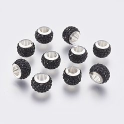 Jet 304 Stainless Steel European Beads, with Polymer Clay Rhinestone, Large Hole Beads, Rondelle, Jet, 11x7.5mm, Hole: 5mm