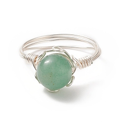 Green Aventurine Natural Green Aventurine Braided Bead Finger Ring, Copper Wire Wrap Jewelry for Women, Silver, Inner Diameter: US Size 7 1/4(17.5mm)