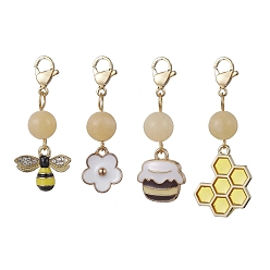 Golden Bee & Honeycomb & Flower & Honey Jar Alloy Enamel Pendant Decorations, Natural Topaz Jade Beads and Lobster Claw Clasps Charms, Golden, 37~45mm, 4pcs/set