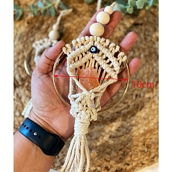 Old Lace Handmade Macrame Jute Cord with Glass Evil Eye Tassel Car Hanging Ornament, with Wood Beads and Iron Ring for Wall Car Decorations, Old Lace, 100mm
